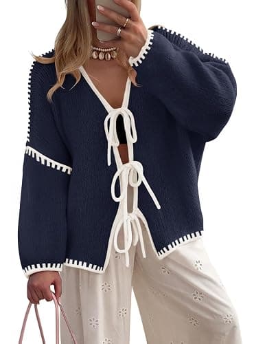 ZESICA Crdigans for Women Trendy 2025 Tie Front Bow Sweaters Casual Long Sleeve Winter Clothing Coats - Image 1
