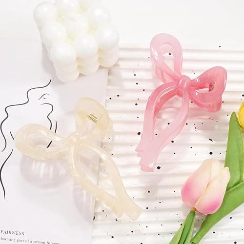 Ayesha Bows Claw Clips - 2 Colors Ribbon Coquette Clips for Thick Hair and Girls, Including Pink thumbnail 5