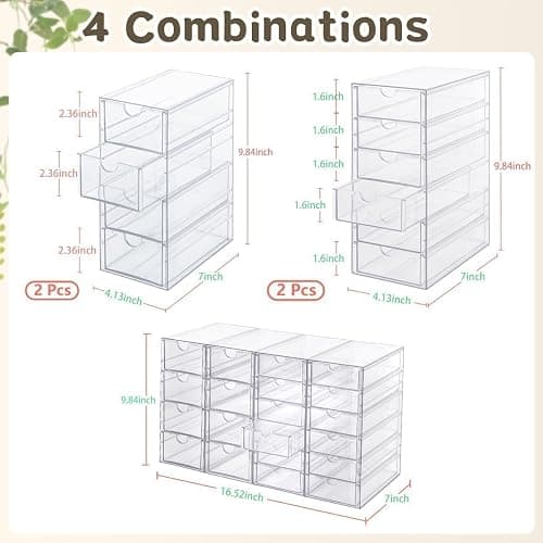 VZKAH Clear Acrylic Desk Organizer with 20 Drawers, 4 Modular Units | 4-piece clear drawer set for office supplies, crafts, makeup, and small daily items on desks, vanities, counters thumbnail 2
