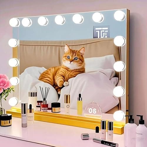 Gvnkvn Vanity Mirror with Lights USB+Type-C Charging, 32WX24L Tabletop Hollyhood Makeup Mirror, Hollywood Lighted Mirror with 18 Dimmable LED Bulbs,3 Colors Modes,Touch Control, Gold thumbnail 7