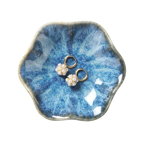 Lotus Leaf Shape Ring Holder Dish, Small Key Bowl, Ceramic Trinket Tray Jewelry Dish Organizing Necklace Earrings for Mom Friend Sister. All Jewelries Are NOT Included. Light Blue. - Image 1