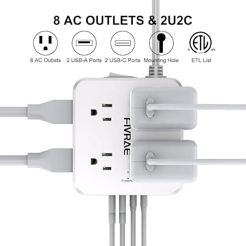 FIVRAE 10Ft Extension Cord with Multiple Outlets, 8 Outlets and 4 USB Ports | 10 Feet Flat Plug Long Cord Surge Protector Power Strip for Home Office, College Dorm Room Essentials, ETL Listed, White thumbnail 2