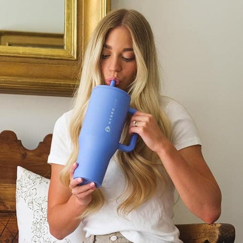 HydroJug Traveler - 32 oz Water Bottle with Handle & Flip Straw - Fits in Cup Holder, Leak Resistant Tumbler-Reusable Insulated Stainless Steel & Rubber Base - Gifts for Women & Men, Light Blue thumbnail 6