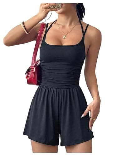 BEAUDRM Women's One Piece Sleeveless Romper Y2k Ruched Spaghetti Strap Short Jumpsuits Summer Casual Outfits - Image 1