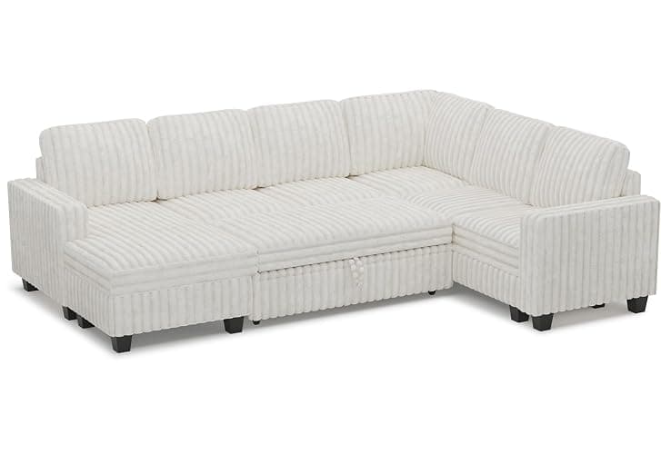 Belffin Corduroy Sleeper Sofa Bed with Storage Chaise Modular Sectional Sofa Couch with Pull Out Bed L Shaped Sectional Couches for Living Room White Couch thumbnail 9