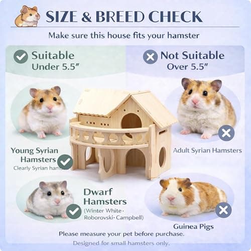 Improved Safety Large Balcony Small & Cute Wooden Hamster House with Large Balcony – Double-Decker Forest-Style Hut for Dwarf Hamsters, Mice, Gerbils, Rats & Small Pets (Compact Size Only) thumbnail 5