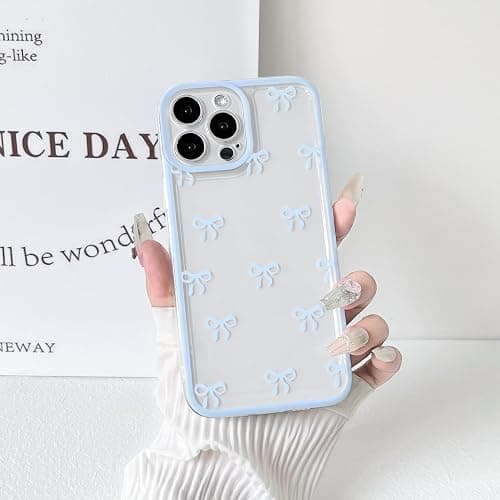 NITITOP Compatible with iPhone 13 Pro Case Cute Clear Durable Ribbon Bowknot Pattern for Girls Women Soft TPU Transparent Full Camera Lens Shockproof Protective Phone Cover - Blue thumbnail 7