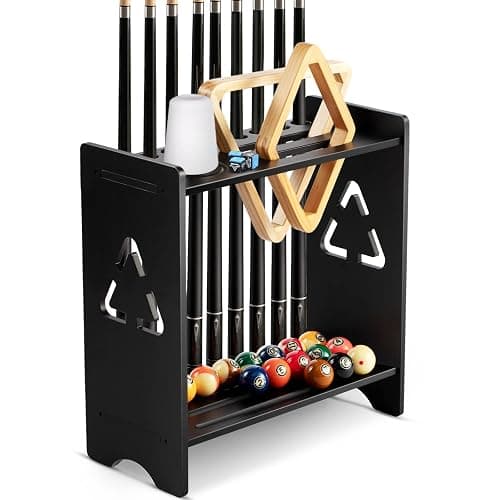 EXTCCT Pool Stick Holder Floor Stand- Billiards Pool Cue Rack Oak Solid Wooden Holds 9 Cues and Pool Table Accessories Organizer with Chalk Cone Holder for Game Room Club or Men Cave - Image 1