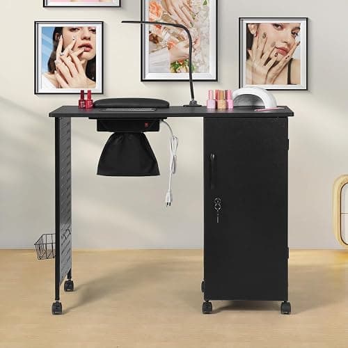 AGESISI Nail Desk for Nail Tech Manicure Table with Dust Collector Charging Station, Nail Tech Table with 4 Storage Drawers, LED Lamp, Lockable Wheels, Nail Station for Home & Spa Salon, Black thumbnail 2