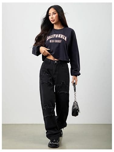 SweatyRocks Women's Casual Long Sleeve Crew Neck Letter Print Crop Top Sweatshirt thumbnail 4