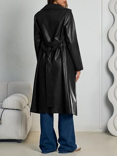 Trendy Queen Womens Long Leather Jackets Trench Coat Blazer Lapel Faux Open Front with Belt thumbnail 4