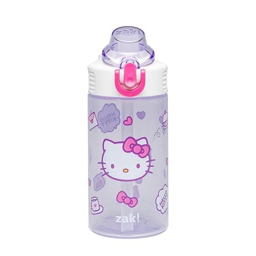 Zak Designs Sanrio Sage Kids Water Bottle For School or Travel, 16oz Durable Plastic Water Bottle With Straw, Handle, and Leak-Proof, Pop-Up Spout Cover (Hello Kitty) - Image 1