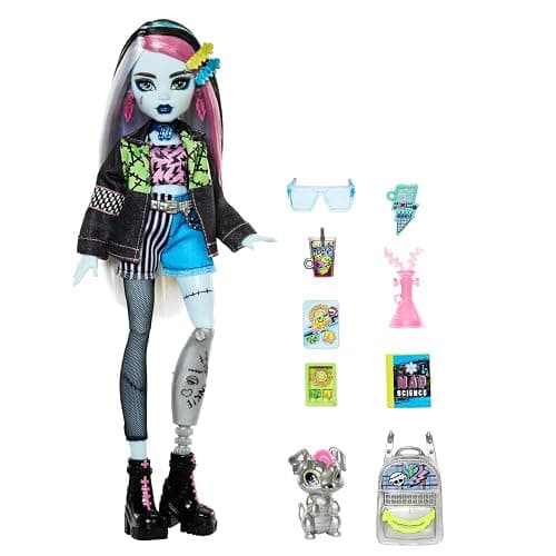 Monster High Frankie Stein Doll in Denim Jacket & Shorts, Includes Pet Dog Watzie & Accessories like a Backpack, Snack & Notebook thumbnail 4