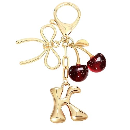 Snycler Bubble Initial Keychain with Bow & Cherry - Gold Letter Bag Charms for Women, Cute Purse Handbag Accessories - Image 1