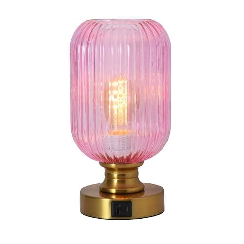 MAINDECO Mid Century Glass Table Lamp,Dimmable Desk Lamp,LED Bulb Included,Touch Control & USB A+C Port,Pink Ribbed Glass - Image 1