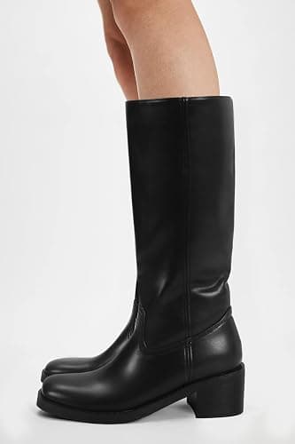 DOEYG Women's Banana Knee High Boots Square Toe Chunky Block Heel Tall Boots Wide Calf Fashion Comfortable Casual Pull on Long Boots thumbnail 5