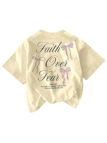 RoseSeek Girl's Bowknot Letter Graphic Tshirt Short Sleeve Crew Neck Cute Summer Tee Tops - Image 1