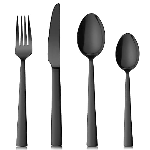 Herogo Black Cutlery Set, 16-Piece Stainless Steel Flatware Set Service for 4, Mirror Polished Silverware with Knife Fork Spoon, Elegant Cutleries for Home Restaurant Hotel, Dishwasher Safe (Black) - Square Black - Image 1