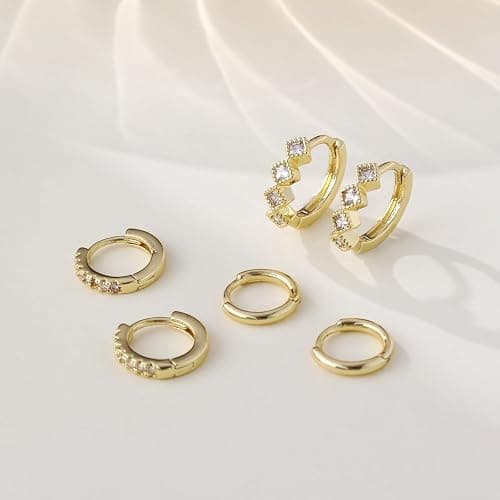 Rotnso Gold Hoop Earrings Set for Women Trendy, 14K Gold Plated Chunky Hypoallergenic Small Diamond Cartilage Hoops Cute Cubic Zirconia Dangle Stud Earrings Jewelry Gifts thumbnail 5