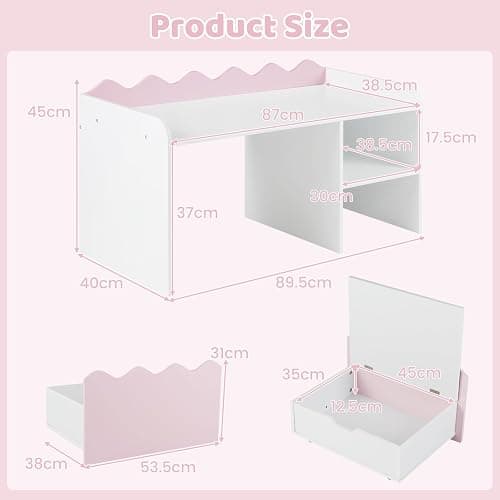 COSTWAY Kids Bookcase, Toy Organizer with Movable Drawer (Pink+White) | Flip-up Top, 4 Universal Wheels & Anti-toppling Kit, Wooden Children Bookshelf for Playroom, Daycare, Nursery thumbnail 3