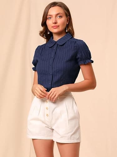Allegra K Women's Peter Pan Collar Shirt Cotton Vintage Short Sleeve Button Down Shirt thumbnail 4