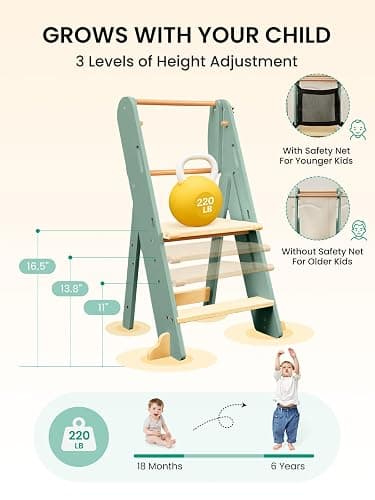 GROWNSY Foldable Step Stool Toddler Tower, Toddler Kitchen Stool Helper, Collapsible Kids Standing Learning Tower with 3 Adjustable Heights and Safety Net for Kitchen Bathroom Sink Counter (Green) thumbnail 8