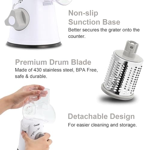 Geedel Rotary Cheese Grater, Kitchen Mandoline Vegetable Slicer with 3 Interchangeable Blades, Easy to Clean Rotary Grater Slicer for Fruit, Vegetables, Nuts thumbnail 7