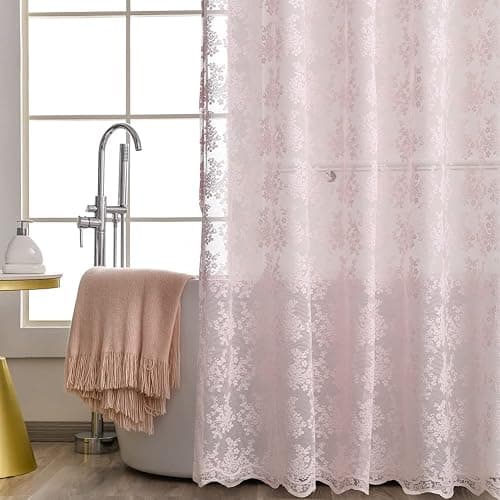YJ YANJUN Pink Lace Shower Curtain - Vintage Shower Curtains with Attached Valance, Floral Lace Bath Curtains for Bathroom, Farmhouse Style Shabby Chic Scalloped Edge, 72 x 72 Inch, 1 Panel thumbnail 2