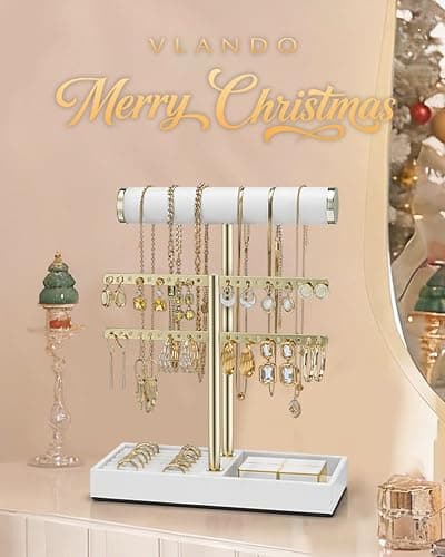 Vlando 2 Tier Necklace Holder Organizer with Tray, Leather Bracelet Holder Display for Women, Gold Jewelry Holder Stand for Bracelet, Necklace, Earrings, Rings - White thumbnail 3