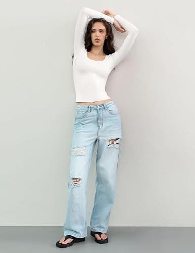 PUMIEY Women's Long Sleeve T Shirts Scoop Neck Slim Fit Going Out Tops Double Lined Basic Tee Smoke Cloud Collection thumbnail 3