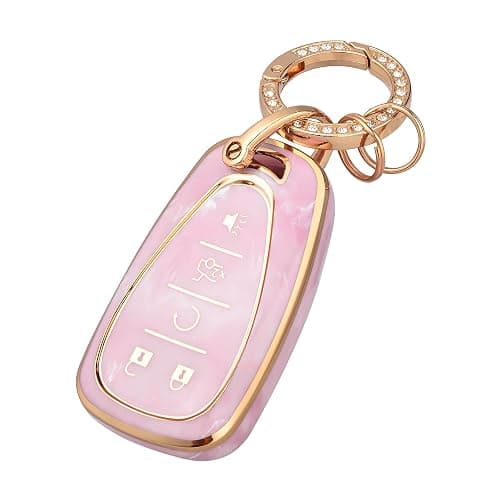 OFFCURVE Car Key Fob Cover Compatible with Chevy Key Shell Car Accessories Remote Key Protector Fits Chevy Equinox Malibu Camaro Traverse 5-Button Smart Key, Pink/Pattern Random - Image 1