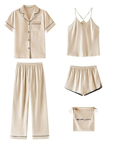 SAPJON Silk Satin Pajamas for Women 5Pcs Soft Pjs Camisole Sleepwear Sets | Cute Button Up Lounge Set, Short Sleeve, Adjustable Shoulder Straps, Side Split Shorts, Long Pants, Comfy Bridal Gifts - Image 1