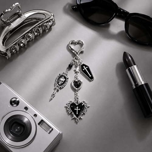 Nijianne Cute Y2K Bag Charms for Handbags Goth Keychain & Punk Emo Gothic Accessories with Skeleton, Cross Dice Horror Halloween Charm (Cross keychain) thumbnail 3