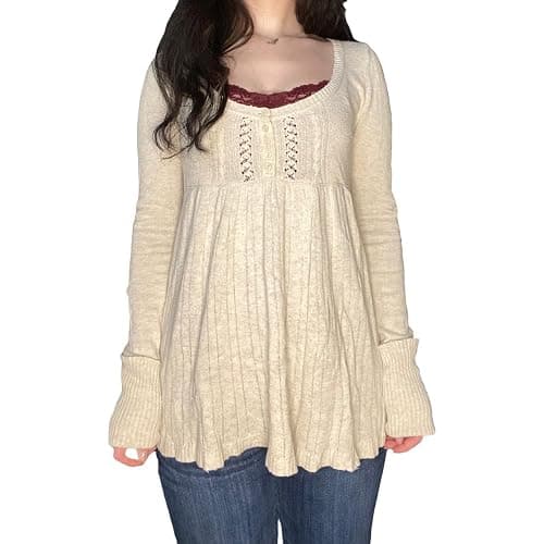 Tsultryofs Y2K Fairy Grunge Knit Long Sleeve Tunic Tops Low Cut Peplum Babydoll Blouse Button Down Harajuku 90s Sweater - Image 1