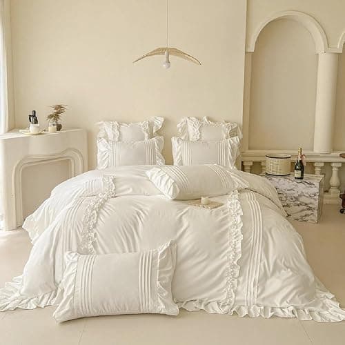 Sedefen Bettwäsche 135x200cm Weiß Rüschen Romantisch Bettbezug Uni Einfarbig Mädchen Rüschenbettwäsche Set Weich ÖKO-TEX Zertifiziert Mikrofaser Bettbezug mit Reißverschluss und 1 Kissenbezug 80x80cm thumbnail 2
