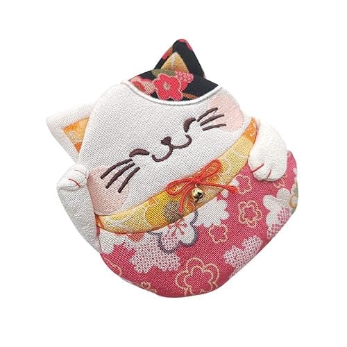 BAR AUTOTECH Zipper Maneki Neko lucky cat coin purse- Chirimen Kimono Print Style kawaii Cat Coin Wallet Holder for Coin Money Credit cards (Red) thumbnail 3