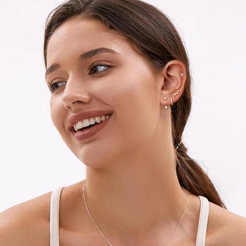 6 Pairs 14K Gold Plated Stud Earrings for Women, Hypoallergenic Cartilage Earrings for Multiple Piercing, Dainty Small Stackable Earrings Jewelry Set thumbnail 4