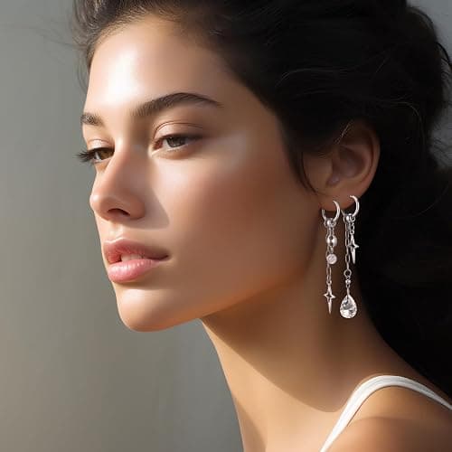 Quelay 8 Pairs Dangle Hoop Earrings for Men Women Punk Y2k Goth Gothic Tassel Chain Drop Star Moon Stud Earrings Gift thumbnail 7