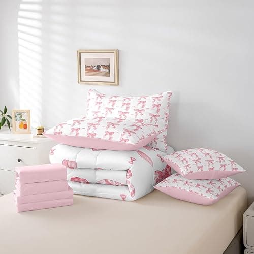 Erosebridal 7 Piece Bedding Set Full Bowknot Comforter Set with Sheets Coquette Checkered Bow Bed in a Bag Cute Princess Fashion Kawaii for Kids Girls Women thumbnail 6