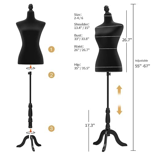 Bonnlo Female Dress Form Pinnable Mannequin Body Torso with Wooden Tripod Base Stand (Black, 6) thumbnail 2