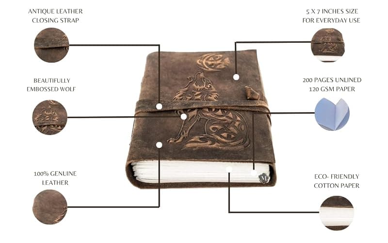 MONTEXOO Wolf Vintage Leather Journal Sketch book For Men Women - 200 pages Notebook Diary Dnd Travel Bullet Wolves Antique Large Vintage Bound Writing Gift 5 x 7 inch Dark Brown thumbnail 6