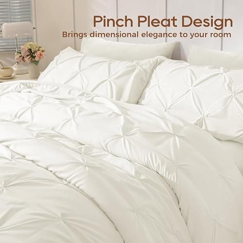 Sasttie Queen Comforter Set, 7-Piece Bed in a Bag, Pintuck Bedding Sets for All Season, Includes Comforter, Flat Sheet, Fitted Sheet, Pillowcases and Pillowshams, Ivory thumbnail 3