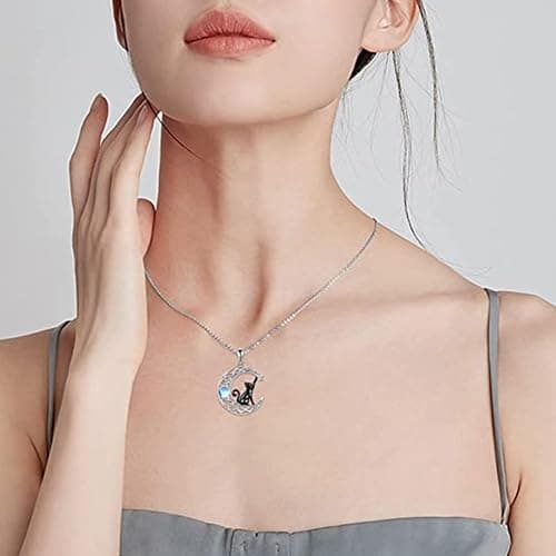 LSxAB Moonstone Cat On Moon Animal Necklace Celtic Knot Crescent Pendant Necklaces for Women Girls thumbnail 6
