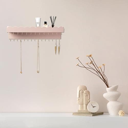 Lampaggio Wall Mount Jewelry Organizer with 28 Hooks and Cosmetics Shelf, Modern Wood Hanging Jewelry Holder for Necklaces, Bracelets, Earrings and Rings, Pink thumbnail 2