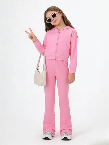 Lianpyxa Teen Girls Clothes 2 Piece Spring Outfits Fashion Letter Print Hooded Zip Up Top Flare Pants Set for 7-14T thumbnail 2