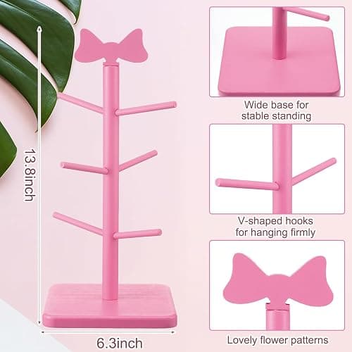 DoubleFill Pink Coffee Cup Holder Bow Mug Tree Pink Kitchen Coffee Bar Accessories Decorative Wooden Cup Holder with 6 Hooks Coquette Mug Rack Stand Cute Decor for Wedding Home Countertop Organizer thumbnail 3