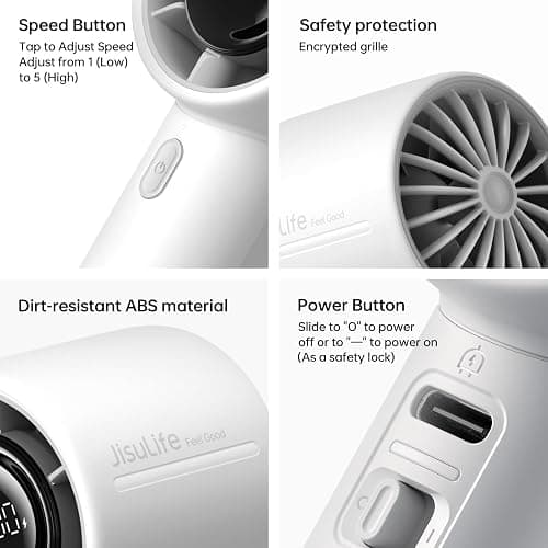 JISULIFE Handheld Turbo Fan Life10s, 5000mAh Rechargeable Portable Fans,Up to 28 Hours Working,5 Speed Strong Wind,Personal Mini Fan for Travel Outdoor Camping Beach Makeup（Gray） thumbnail 7