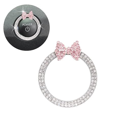ORIESSE Pink Bow Car Accessories,Bow Tie Engine Start Button Ring,Bling Girly Silver Rhinestone Ring Start Stop Button Car Decor for Women,Ignition Ring Car Charm - Image 1