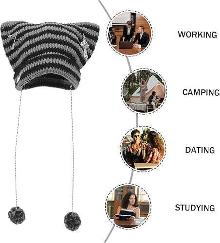 WQEDVN Cat Ear Beanie, Cat Hat for Women, Hat with Ears, Cat Ear Hat, Cat Beanie, Crochet Knitted Hats, Winter Hats for Women, for Girls Adults Kids Cat Gifts for Women (Black) thumbnail 6