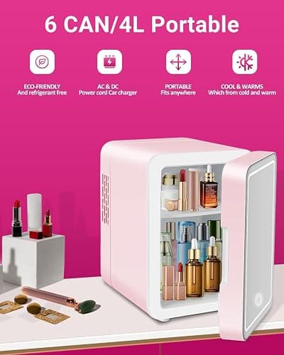 NISHCON 4-Liter Pink Portable Mini Fridge for Skincare Beauty Cosmetic Makeup With Mirrored Door and Dimmable LED Light thumbnail 3